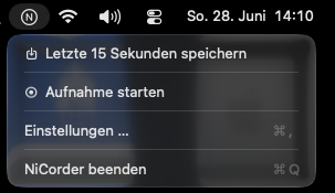 NiCorder in der macOS-Menüleiste — Klick auf das N speichert die letzten Sekunden als MP4